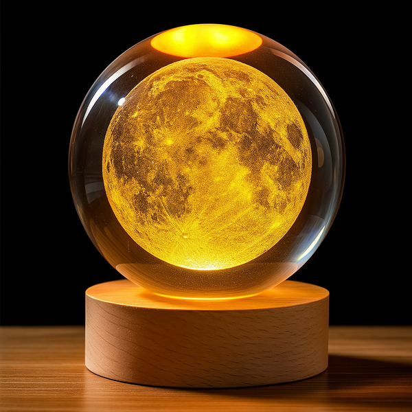 Crystal Glass Moon Lamp with LED Light & Wooden Base – Unique Night Light for Home & Gifting